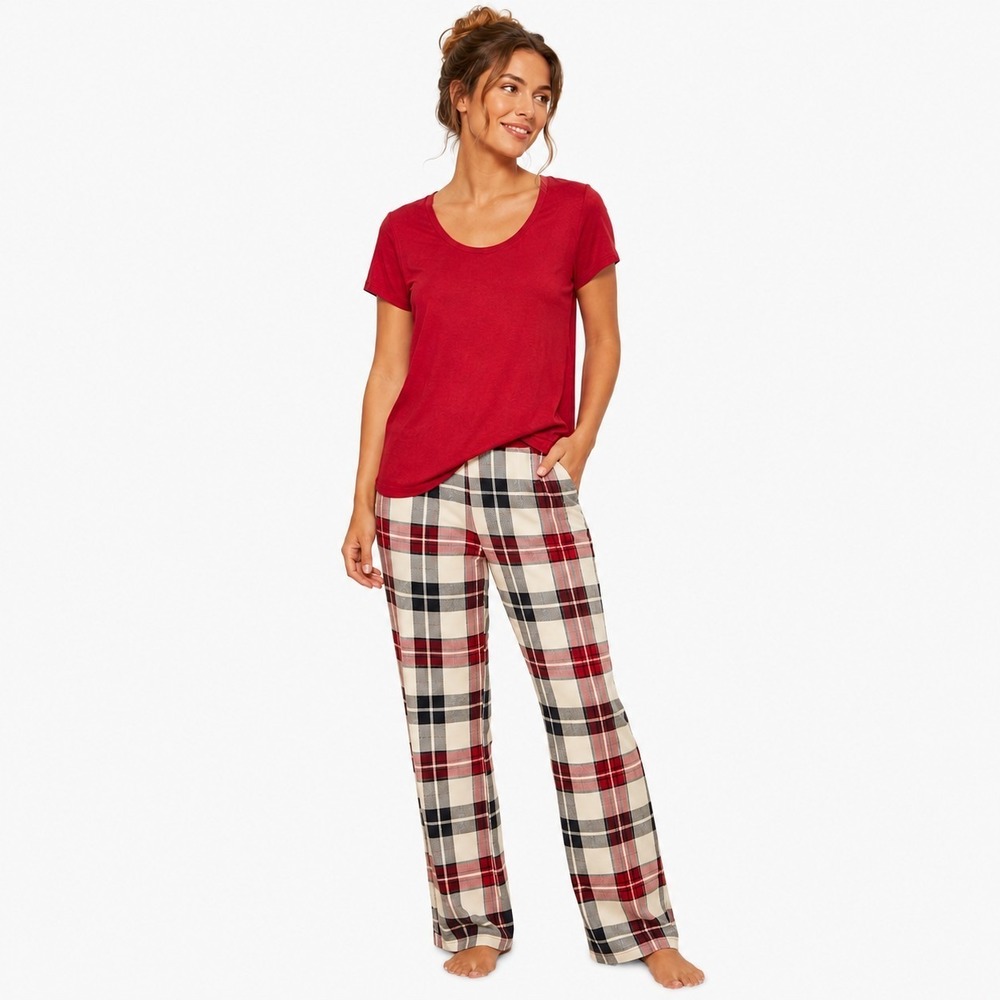 Soma Cool Nights Pajama Set XS Plaid Pants Red Short Sleeve Pockets Soft Stretch
